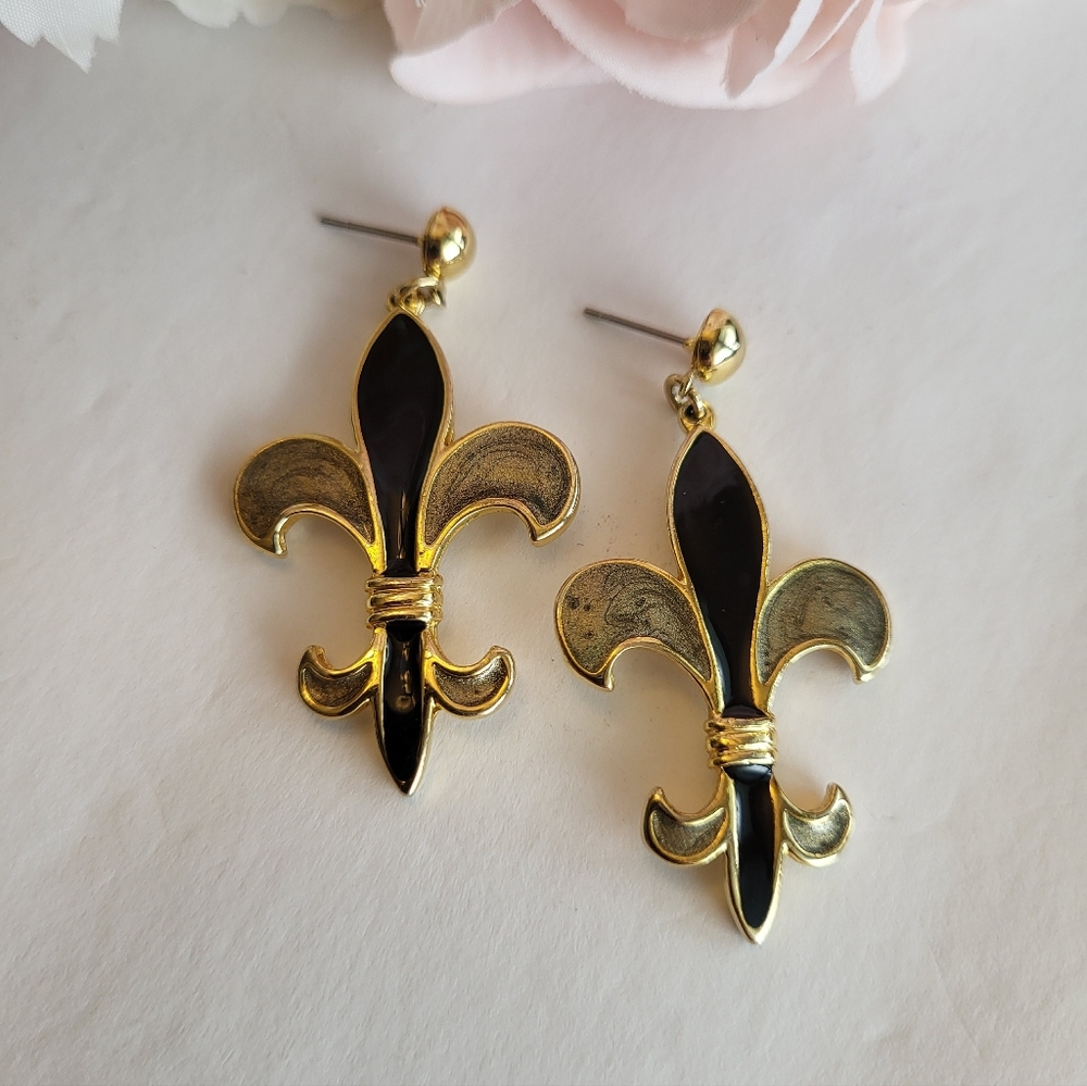 Fleur De Lis Drop Earrings Black Gold Enamel Mardi Gras Saints Fan Jewelry 2" - Picture 11 of 11
